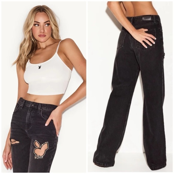 NWT Playboy High Rise Wide Leg Jeans Rhinestone Bunny Cut Out Sz 29 - Picture 2 of 16